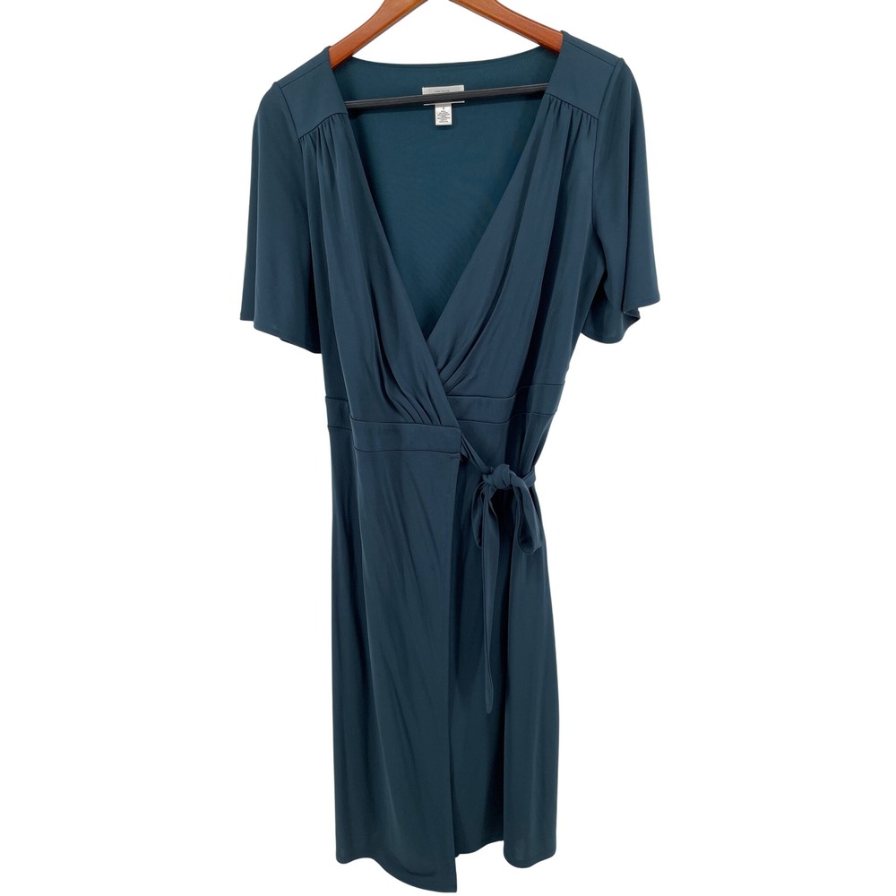 Ann Taylor Loft Faux Wrap Dress Womens 8 Teal Short Sleeve Knee Length